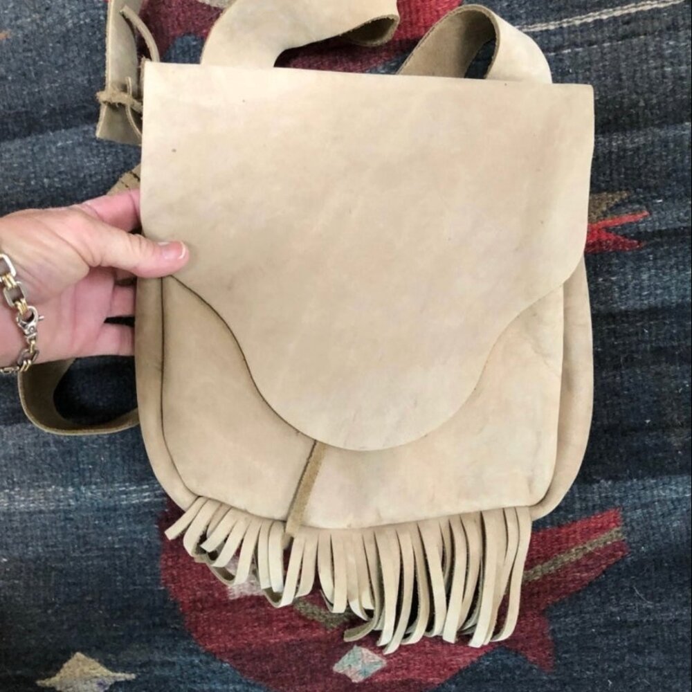 Vintage hand Made Rustic Tan Leather Fringed Bag